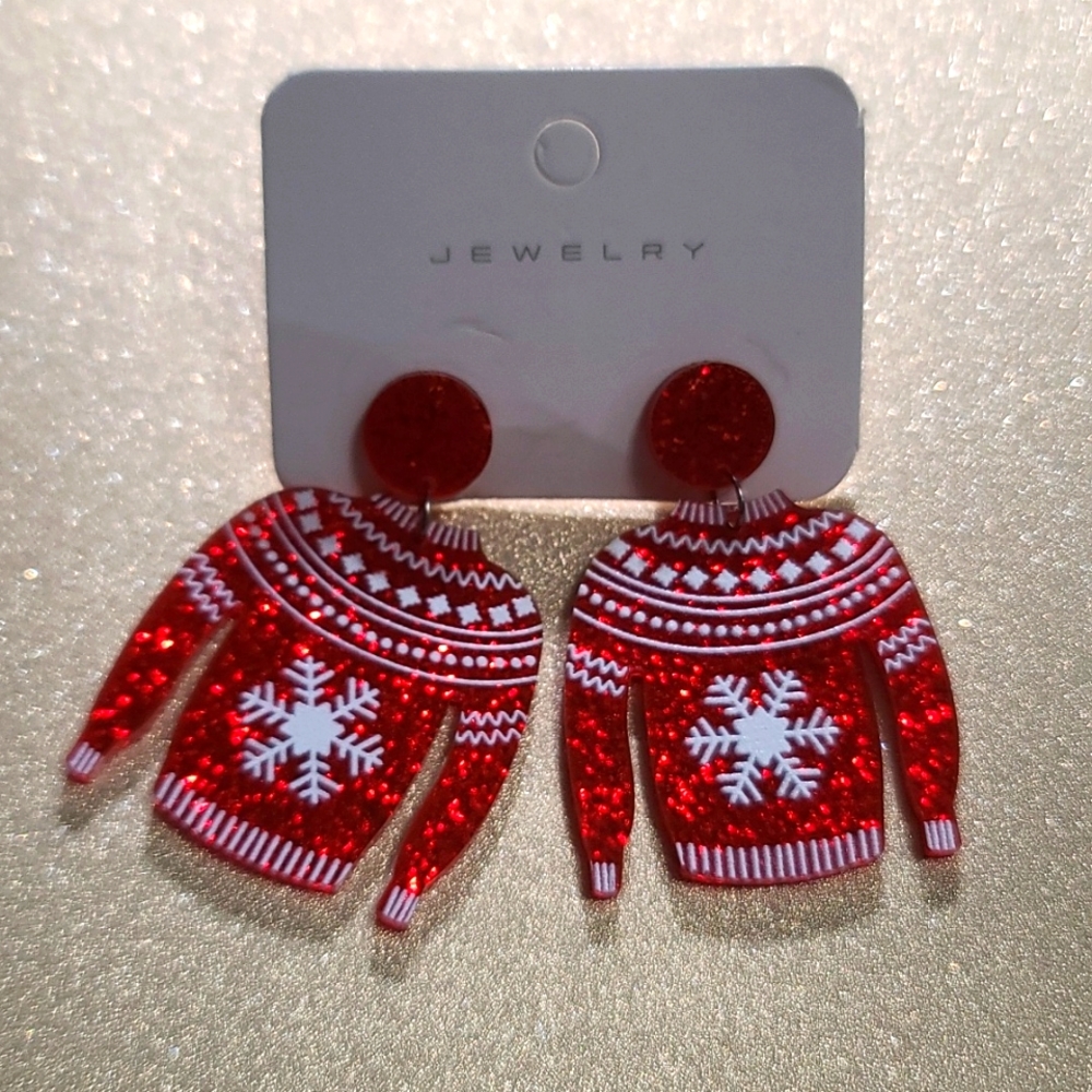 Red Ugly Ski Sweater Post Dangle Earrings NWT